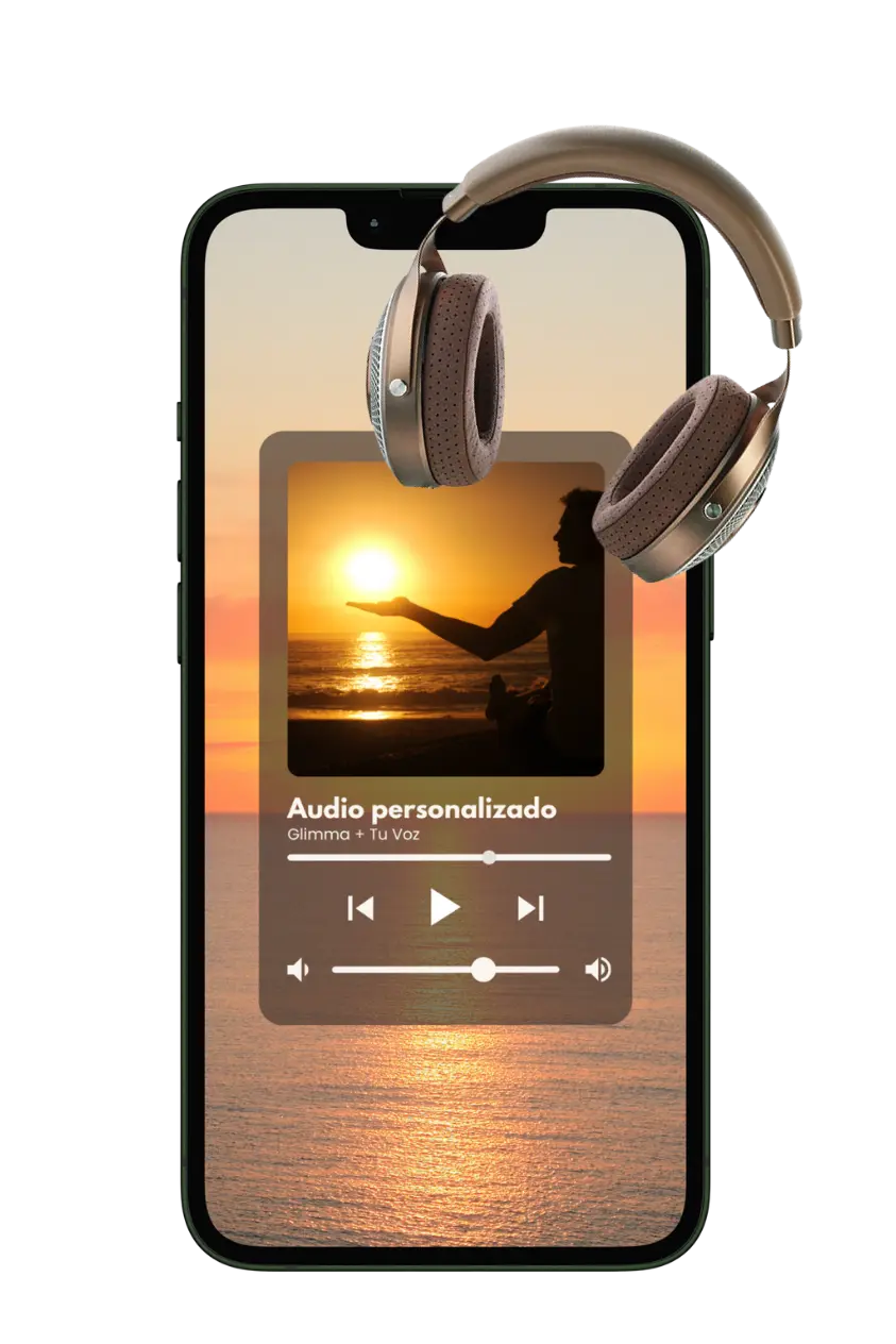 Mockup de celular mostrando el reproductor del audio binaural personalizado de Glimma con auriculares